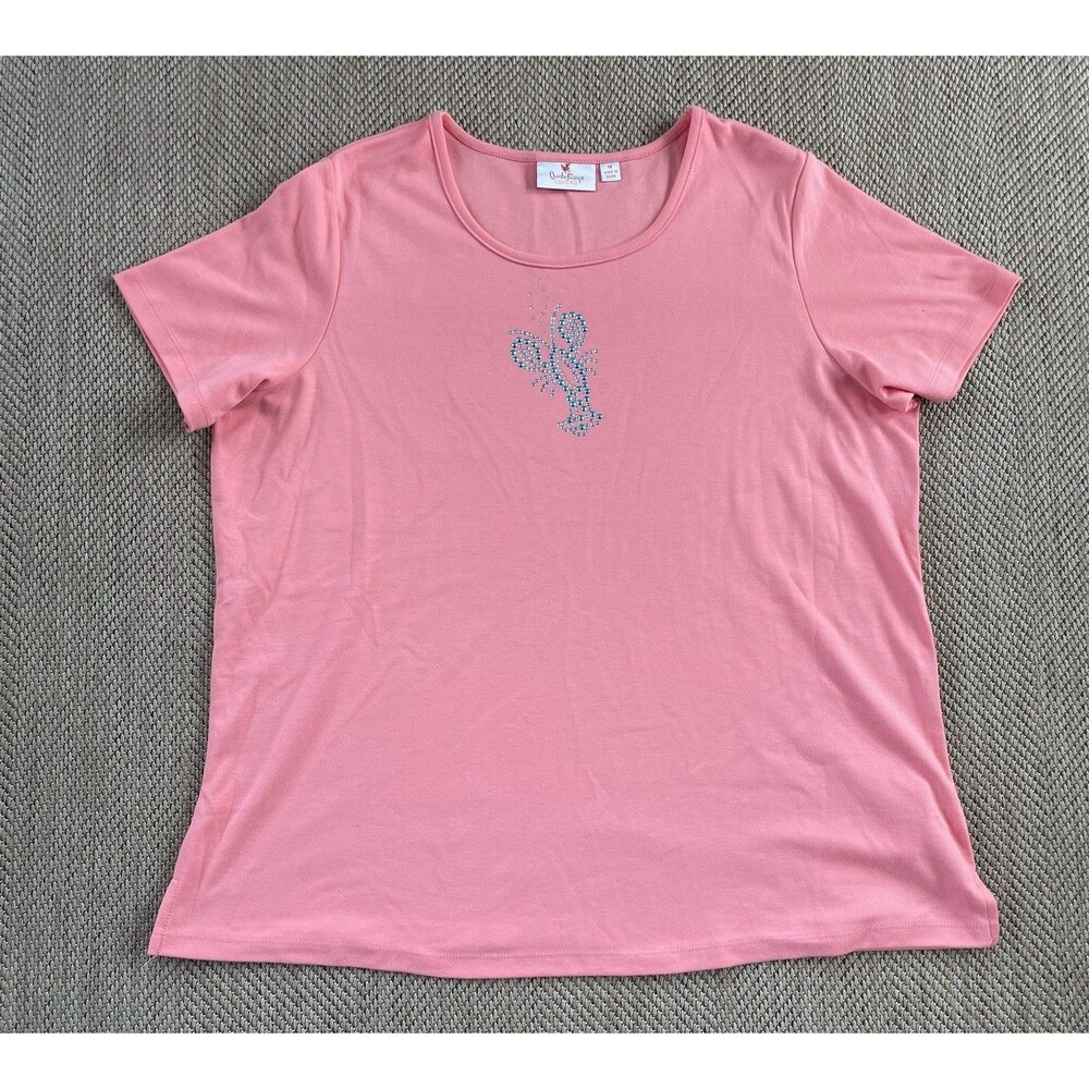 Quacker Factory Shot Sleeve  1X Pink Sequin Lobster Crawfish Crewneck Shirt